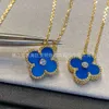 Vanty Cleefty 925 Sterling Silver Blue Agate Four Leaf Clover Necklaceが18Kローズゴールドタイガーアイをダイヤモンドナチュラルブルーアゲートペンダントでメッキした