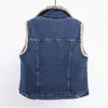 Kvinnors västar 2024 Retro Blue Plush Thicked Denim Vest Casual ärmlös Cowboy Coat Jeans Female Waistcoat Outwear