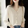 Women's Sweaters Spring And Autumn V-neck Single Breasted Solid Cut Out Screw Thread Long Sleeved Cardigan Sweater Knit Coat Casual Tops