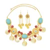 Necklace Earrings Set Luxury Golden Coins Red Beads Blue Gemstone For Women Arab Kurdish Ethnic Bride Wedding Statement