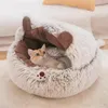 Cama de gato de felpa larga de invierno, cojín redondo para gato, casa para gatos, cesta para gatos, bolsa para dormir para gatos, nido para gatos, perrera para perros pequeños y gatos 231221