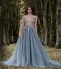 2023 Paolo Sebastian Grey Evening Dresses Sheer Plunging Neckline Lace 3D Applique Beaded Party Prom Gowns Tulle Evening Wear For 4086368