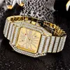 2022 New Men Hip Hop Full Diamond Steel Band Frasnable and Figured Square Double Button Calendar Quartz Watch