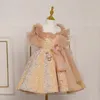 子どものドレス肩から肩のドレスゴールドスパンコールプリンセスドレスキッズガールズパーティーパフォーマンスコスチュームボールガウン231221