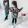 Kinderkleding Pak Meisjes Herfst Kleding Mode Toevallige Grote Kinderen Brief Trui Leggings Tweedelige Set 231220