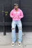 Herrtröjor tröjor vintage rosa brev tryckt cardigan hooded tröja hiphop män high street överdimensionera harajuku liten publikjacka Coat y2k hoodie t231221