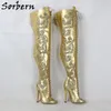 Sorbern Gold Echtlederstiefel Mitte Oberschenkel hoch Damen Stilettos Absatz Glitzer Blumen Damen Absatz individuell Schnürung hinten 231220