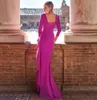 Elgant Fuchsia wieczorna suknia konkursowa 2024 Długie rękawy w szyku przednie przednie szczelinę satynowa satyna A-line Prom Formalne suknie Vestidos de Feast Robe de Soiree Casamento