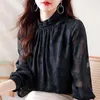 Women's Blouses Vintage Jacquard Weave Shirt Spring Autumn Half High Collar Commute Clothing Stylish Printed Folds Spliced Loose Blouse