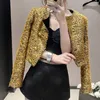 High Quality Single Breasted Short Flash Coats 23Runway Round Neck Heavy Industry Jacket Women Winter Warm Gold Clothing Vintage 231220