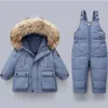 Детский зимний комплект одежды из 2 предметов для девочек, пуховик с капюшоном и натуральным меховым воротником, непромокаемые комбинезоны для маленьких мальчиков, детский зимний комбинезон 231220