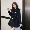 Cotton thickened double breasted suit woolen jacket tight fitting dress daily citywalk black and white belt