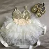 Shinny Flower Girls Dress for Kids Christmas Toddle Party Gold Oro Seached Tutu Children Anno abbigliamento 231221