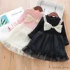 Flickans klänningar Girls 'Princess Dress 2023 Spring New Children's Dress Baby Birthday Big Bow Mesh Dress Cute Princess Long Sleeve Fashion