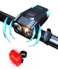 Cykelljus Set USB -laddningsbart batteri LED -cykel Front Lamp Säkerhet Bakljus med hornklockvattentät T6 -strålkastare5073450