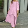 Women Cotton Leinenwäsche Tracksan zweiteiliger Sommer lässig losen losen Massivbluse T-Shirt Wide Bein Hosenanzug Outfits 2 Stück Set 231220