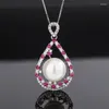 Collier Boucles d'oreilles Set White Pearl Red Ruby Blue Sapphire Zircon Pendron Bow Knot Stud Women Jewelry