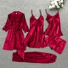 Kadınların Sijiz Leepwear Kadın 5/4/2pcs Pijama Set Saten Pyjamamas Dantel Patchwork Bril Düğün Giyim Rayon Evde Giyim Gecelik