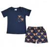 Kläder sätter grossist Western Cow Baby Boy Summer Pocket Naby Blue Shirt Highland Shorts Children Boutique Kid Set Fashion Outfit