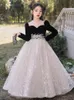 Neue glänzende Kleider Champagner Schwarz Veet Lace Kinder Blumenmädchenkleid für Hochzeit Langarm Tüll Prinzessin Party Fest der Mädchen Erste Kommunion Gowngirl's