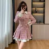 2023 Autumn Plaid Patchwork Women Dress Small Fragrance Tweed Single Breasted Sashes Pink Dresses Party Female Korean Vestidos 231221