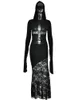 Julissa Mo Sexig Autumn Hooded Lace Patchwork Långärm se genom Maxi Dress for Women Backless Solid BodyCon 231220