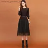 Two Piece Dress #1909 Spring Autumn False Two Piece Sweater Dress Women Split Joint Mesh Midi Dress Long Sle Slim Office Elegant Woman Dress L231221