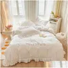 Bedding Sets Bedding Sets Ruffle Trim White Flower Embroidery Cotton Set Duvet Er Linen Fitted Sheet Pillowcases Home Textile Drop Del Dhtib