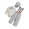 Giyim Setleri Toddler Bebek Erkek Erkek Erkek Erkek Erkek Erkek Erkekler 3 PCS Uzun Kollu Dotlar Baskı Gömlek Askı Pantolonları Şapka Beyefendi Giysileri Seti