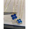 vanty cleefty Christmas Blue Agate Clover Necklace 925 Sterling Silver Plated 18K Gold Blue Classic Diamond Lucky Grass Pendant