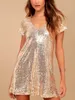 Women Glitter Sequin Babydoll Dress Shiny Short Party Black/Champagne Casual Loose Sparkly T Shirt Dresses Bling Mini Club Wear 231220