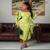 Elegant Green Black Girls Prom Dress 2024 Plus Size Ruffle Patchwork Dramatic Draped Tea Length