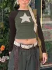Женские футболки, винтажная футболка 90-х, женская осенняя футболка с длинным рукавом и звездами в стиле пэчворк, женский укороченный топ в стиле Харадзюку, сексуальные облегающие футболки для девочек, гот-панк, футболки Y2k
