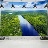 Tapisserier Tapestry Pine River Cabin Landscape Green Forest Wall Hanging Art Home Living Room Bedroom sovsal Dekor Bakgrund