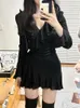 2023 Autumn French Elegant Black Y2K Mini sukienka Mini Caual Long Short Party Office Lady Slim Pure Kolor Chic 231221