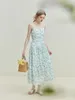 Casual Dresses FSLE Women French Style Sweet Floral Dress Chest Pleated Design Long Suspender A-LINE Skirts Resort Square Neck
