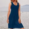 Robes décontractées Couleur unie Summer Spaghetti Strap Robe de réservoir en vrac Femmes Sans manches Coton Gilet Chemise Dames O Cou Boho Sundress