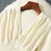 2023 Autumn Long Sleeve Beige Solid Color V-Neck Knitting Midi Dresses ball gown Dress Elegant Casual Dresses