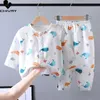 Kids Boys Girls Pajamas Summer Cotton Linen Cartoon Thin Therequarter Tops with Pants Baby Sleeping Clothing مجموعات 231220