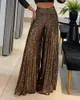 Women's Pants Bling For Women Navy Blue Sparkling Sequined Flare Relaxation Of Tall Waist Wide Leg Elegant Sexy Compelling