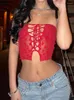 Chars de femmes Saisons Sexy Red Crop Tops pour femme Floral Mesh Voir à travers Lace Up Tube Top Club Wear Vêtements d'été 2023 Gilet ASVE87056