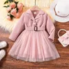 Flickans klänningar Kids Casual Dress for Girls Clothes 2023 Autumn New Toddler Long Sleeve Mesh Patched Princess Dress Belt Fashion Children 2-8y