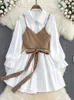 Spring Autumn Fashion Casual Suit Female Korean Loose White Shirt Dress Slim Vest Two piece Set GD786 231221