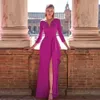 Elgant Fuchsia wieczorna suknia konkursowa 2024 Długie rękawy w szyku przednie przednie szczelinę satynowa satyna A-line Prom Formalne suknie Vestidos de Feast Robe de Soiree Casamento