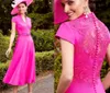 Elegant Hot Pink A-line Mother of the Bride Dress 2024 V Neck Lace Appliques Short Sleevs Tea Length Length Satin Wedding Guest Party Gowns Robe De Soiree