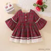 Mädchenkleider Weihnachten Kleider Baby Kinder Mädchen Kleidung rot Langarm Spitze Rüste Trimmbogen karierte Kleid Baumwolle Neujahr Outfit 3M-3y