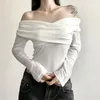 Женские футболки мода осень с твердым цветом короткий топ секси-футболка INS Style 2023 Открытый сплошной сплошной рукав с длинным рукавом