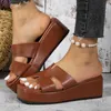 Slippers Summer Platform Slippers Women Wedge Round Toe Casual Flat Slippers Leather Outdoor Rubber Slippers Luxury High Quality Golden T231221