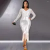 Casual Dresses Long Sleeve V Neck Silver Sequin Glitter Bodycon Dress Evening Party Women Elegant High Waist Ruffles Fringe Tassel