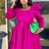 Vêtements ethniques Automne Elegant Bubble Sleeve Party Robe African Women Fashion Couleur Couleur carrée Pouffle haute taille A-Line